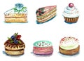 Set of watercolor cakes and pastries