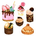 Set of watercolor Cakes. Vector watercolor, Hand drawn for Greeting Card,