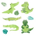 Set of watercolor cartoon crocodiles.