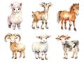 Set of watercolor cartoon farm animals - fluffy alpaca, goat, horse, ram, sheep and cow isolated on white background