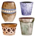 Set of watercolor ceramic garden plants and flowers pots. Background with various color flowerpots