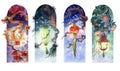 Set of watercolor Chinese lanterns, different seasons of the year. Watercolor illustration, handmade.
