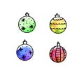 Set of watercolor Christmas balls isolated on white background. New year and Christmas line art, Doodle, sketch, hand drawn. Royalty Free Stock Photo