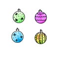 Set of watercolor Christmas balls isolated on white background. New year and Christmas line art, Doodle, sketch, hand drawn. Royalty Free Stock Photo