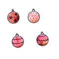 Set of watercolor Christmas balls isolated on white background. New year and Christmas line art, Doodle, sketch, hand drawn. Royalty Free Stock Photo