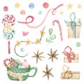 Set of watercolor christmas decorations with  branches, balls, gifts, garlands and bow. Illustration for your holiday design isola Royalty Free Stock Photo