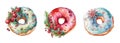 Set of watercolor christmas different donuts isolated on white. Made with generative ai