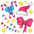 Set of watercolor Christmas elements. Garland, candy
