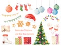 Set of watercolor Christmas elements isolated on white background Royalty Free Stock Photo