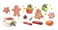 Set of watercolor Christmas food elements - christmas tree ginger cookie, gingerbread man, tea or coffee cup, cupcake