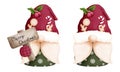 Set of watercolor christmas gnomes with wooden signboard illustration.Christmas gnome clipart collection Royalty Free Stock Photo