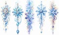 Set of watercolor Christmas ornaments, vertical design elements with snowflakes in blue tones. Isolated clipart