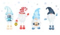 Set of Watercolor Christmas scandinavian gnomes isolated on white background