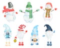 Set of Watercolor Christmas scandinavian gnomes and snowmen isolated on white background