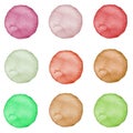 Set of watercolor circles pastel colors. Illustration for artistic design. Round stains, spots isolated on white. Royalty Free Stock Photo