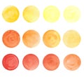 A set of watercolor circles, spots of yellow, orange and red, isolated on a white background. Royalty Free Stock Photo