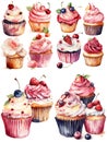 set of 10 of watercolor clip art high detailed cupcakes pink and vanilla, with strawberry and blueberry on white background