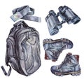 Set watercolor clothing accessories: black army military tourism backpack, boots shoes, binoculars, belt isolated on