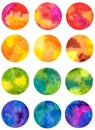 Set of Watercolor Colored Geometric Figures Circles on Wet Paper