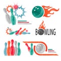 Set of watercolor colorful bowling logo, icons and symbols isolated on white.