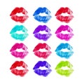 Set of watercolor colorful lipstick imprint