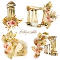 Set of watercolor compositions of antique architectural elements and floral boho bouquets