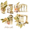 Set of watercolor compositions of antique architectural elements and floral boho bouquets