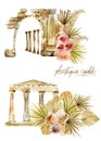 Set of watercolor compositions of antique architectural elements and floral boho bouquets