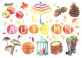 Set of watercolor cute autumn elements