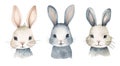 Set of watercolor cute bunnies isolated on white background