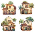 Set of watercolor cute cartoon stone houses, homes with tropical plants in garden, old traditional villas, isolated illustrations Royalty Free Stock Photo