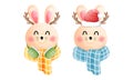 Set of watercolor cute happy bunny with antlers,green earmuffs,red beanie,yellow and blue scarf illustration