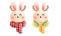 Set of watercolor cute happy bunny with antlers,green earmuffs,red and yellow scarf illustration