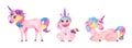 Set of watercolor cute magic pink unicorns with horn sitting lies isolated