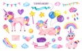 Set of watercolor cute magic unicorns with rainbow, balloons, magic wand Royalty Free Stock Photo