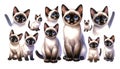 set of watercolor cute Siamese cat isolated on white background, generative ai Royalty Free Stock Photo