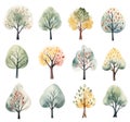 Set of watercolor different trees in nordic style isolated on white background