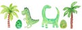 Set of watercolor dinosaurs on a white background. two green dinosaurs - a tyrannosaurus and a diplodocus with palm trees and Royalty Free Stock Photo