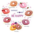 Set of watercolor donuts with an inscription-pun Donut worry be happy. Vector illustration is suitable for greeting cards, posters