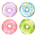 Set of watercolor donuts isolated on white background