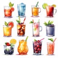 Set of watercolor drinks in glasses