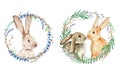 Set Watercolor Easter Bunny With Floral Wreath
