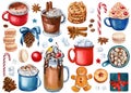 Set watercolor elements. Cup cocoa and sweets, cookies, macaroon, marshmallow, cinnamon, anise and coffee beans.