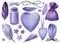 Set of watercolor elements, feathers, vases, bottles, feathers, hearts, beads on a white background