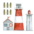 A set of watercolor elements, a lighthouse, a house on the seashore hand-painted in watercolor on a white background.