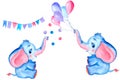 Set of watercolor elephant with balloons. Romantic pink and blue elephant with pink ears. Sweet animals