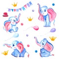 Set of watercolor elephant with balloons. Romantic pink and blue elephant with pink ears. Sweet animals