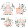 Set of watercolor fairy tale elements of princess story pink castle, book, carriage, cradle