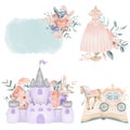 Set of watercolor fairy tale elements of princess story purple castle, princess dress, carriage