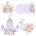 Set of watercolor fairy tale elements of princess story purple castle, princess swan, crown